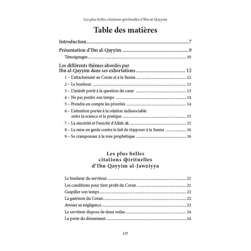 Les plus belles citations spirituelles d'Ibn Al-Qayyim : Table des matières, première partie