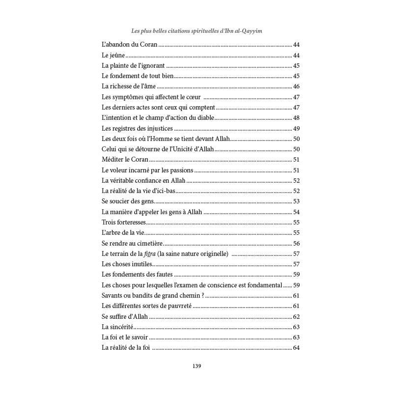 Les plus belles citations spirituelles d'Ibn Al-Qayyim : Table des matières, fin
